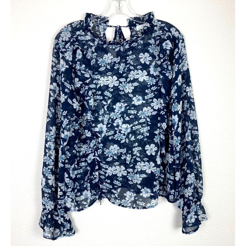 Active USA Women’s Chiffon Sheer Top Size L Blue White Floral Ruffles See Thru